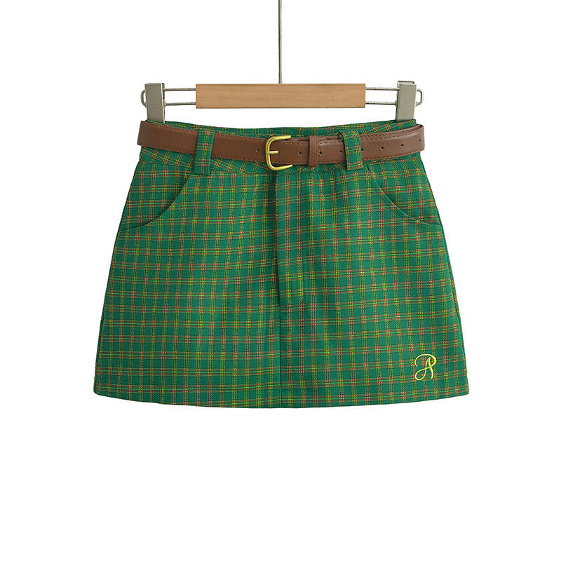 American Style Retro College Style Plaid Summer New Low Waist Hip-wrapped A- Line Skirt