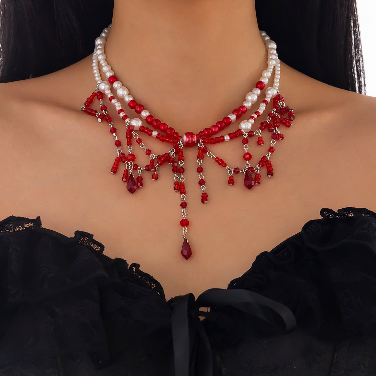 Tassel Imitation Blood Drop Crystal Necklace Stringed Pearls