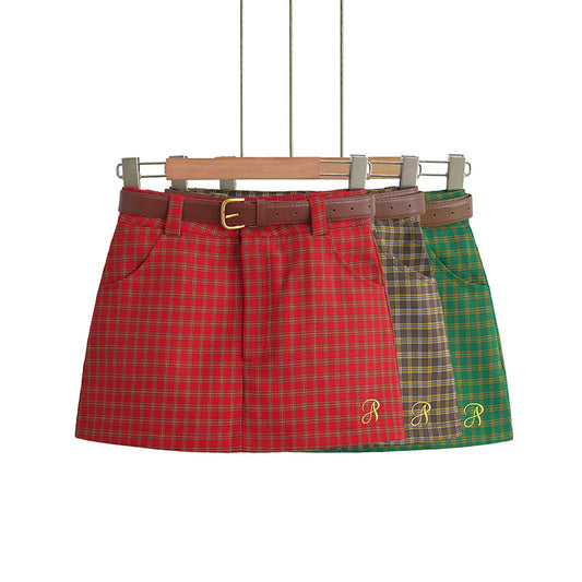 American Style Retro College Style Plaid Summer New Low Waist Hip-wrapped A- Line Skirt