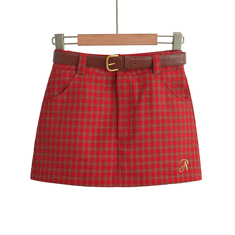 American Style Retro College Style Plaid Summer New Low Waist Hip-wrapped A- Line Skirt