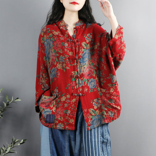 Ethnic Style Retro Northeast Big Flower Print Stand Collar Shirt