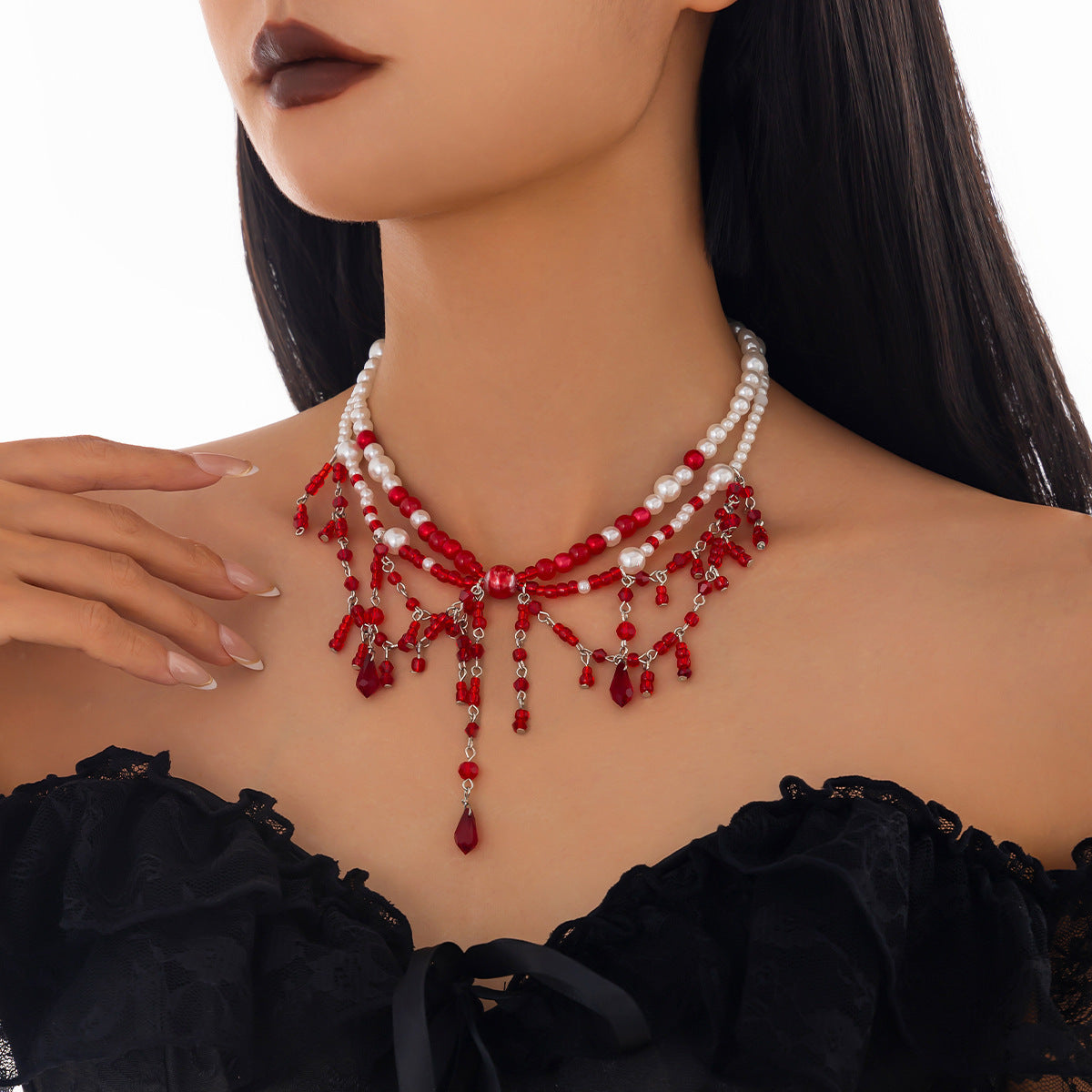 Tassel Imitation Blood Drop Crystal Necklace Stringed Pearls