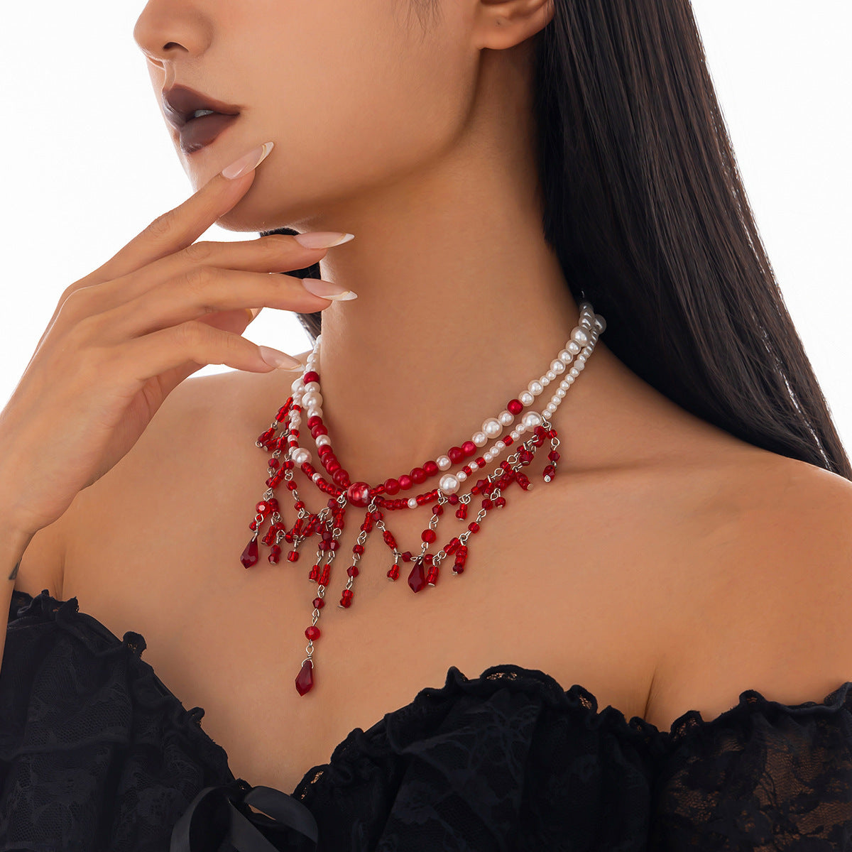 Tassel Imitation Blood Drop Crystal Necklace Stringed Pearls