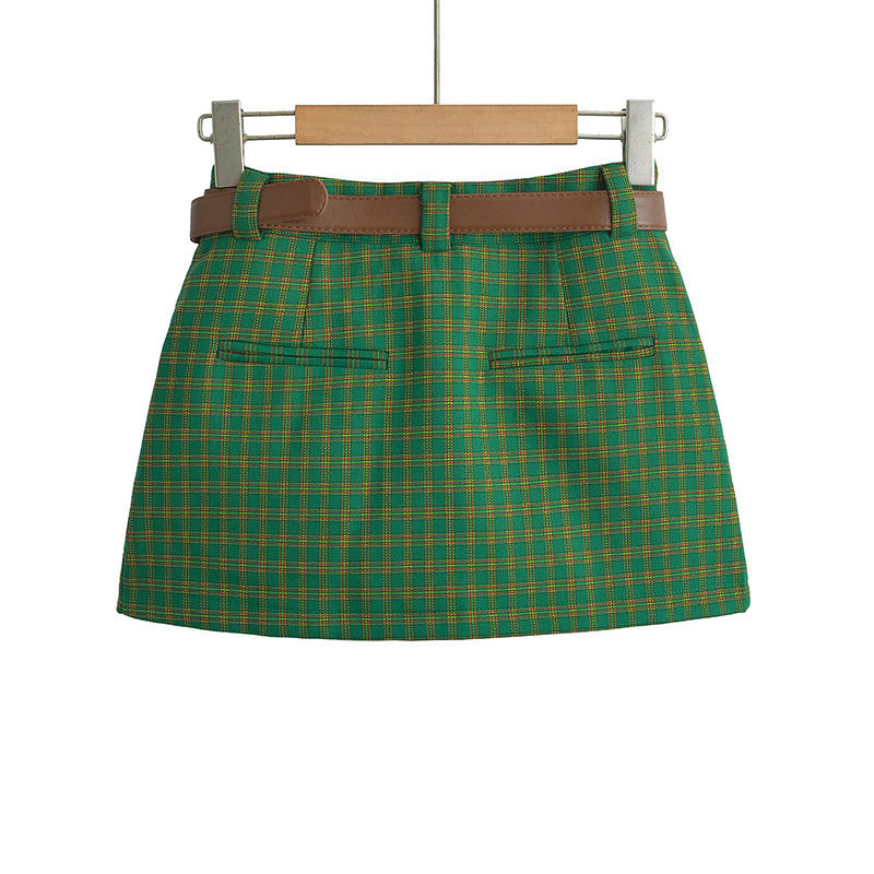 American Style Retro College Style Plaid Summer New Low Waist Hip-wrapped A- Line Skirt