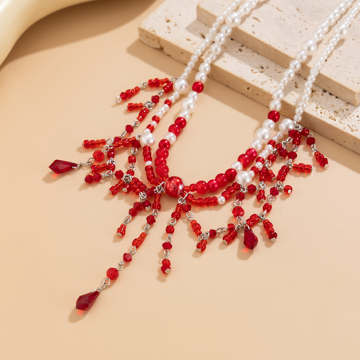 Tassel Imitation Blood Drop Crystal Necklace Stringed Pearls