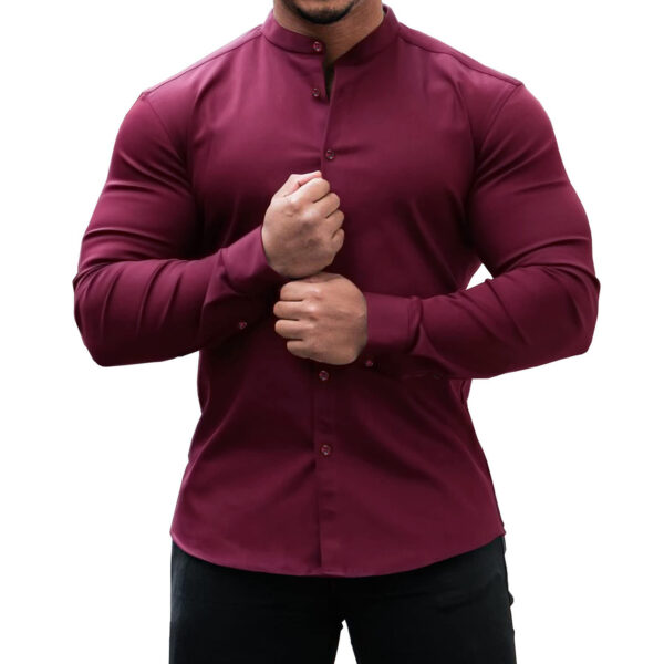 Long Sleeve Shirt Men Casual Button Down Slim Tops Solid Color Casual Mens Clothing - Image 3